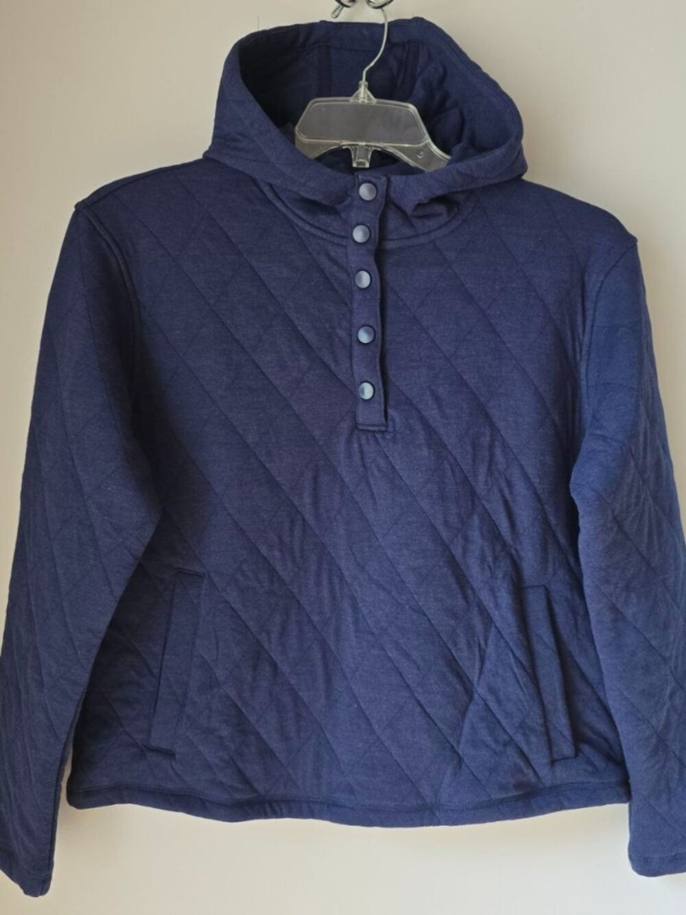 Lands End Quilted Snap Neck Hoodie Pullover NWT Womens Small S 4-6 Navy Heather